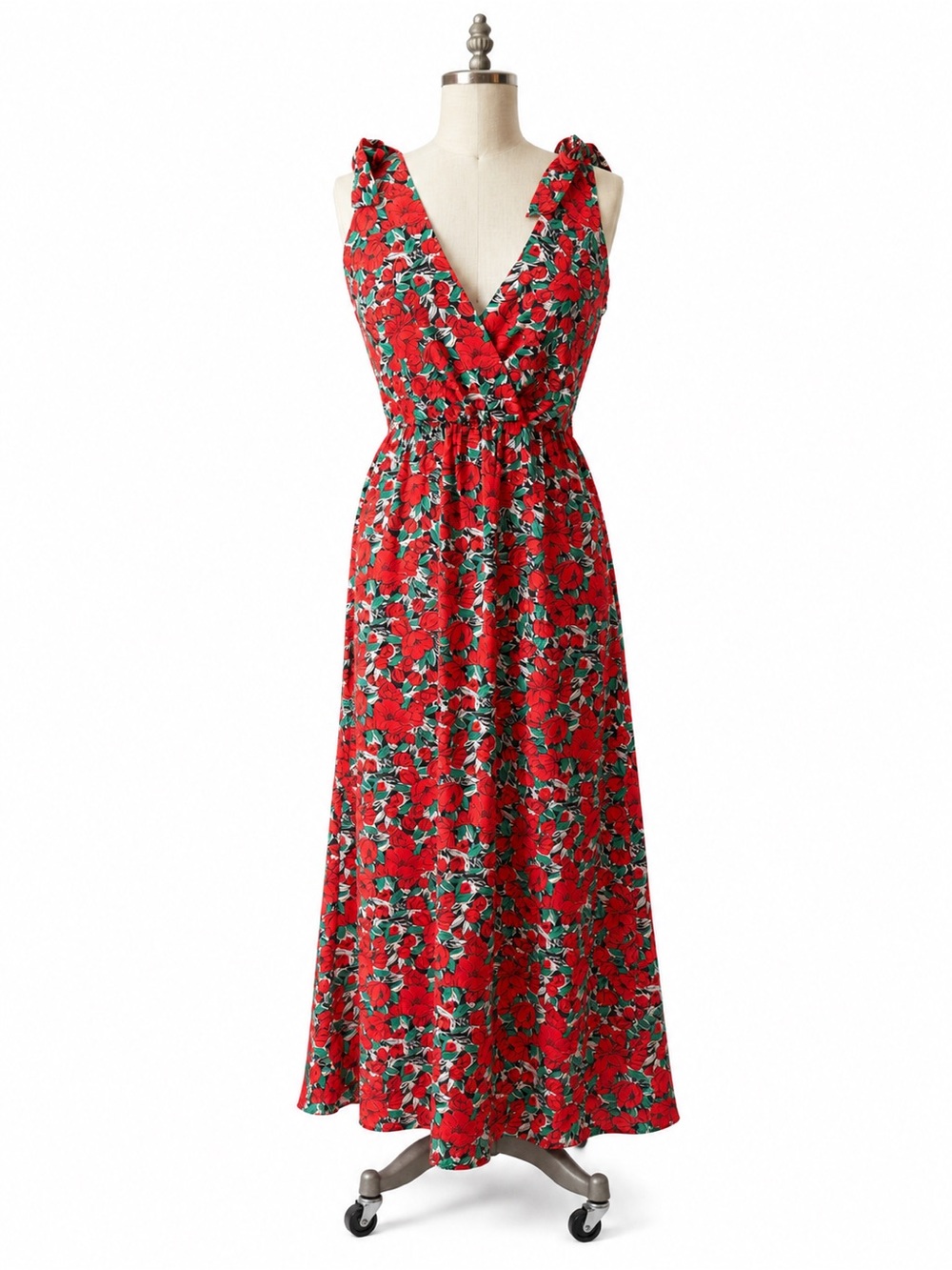 Red Black Poppy Floral V-Neck Maxi Dress